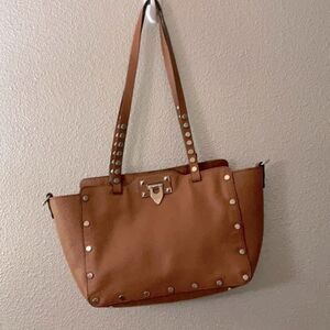 LAUREN Teffel studded pebbled leather tote bag interior zip pocket